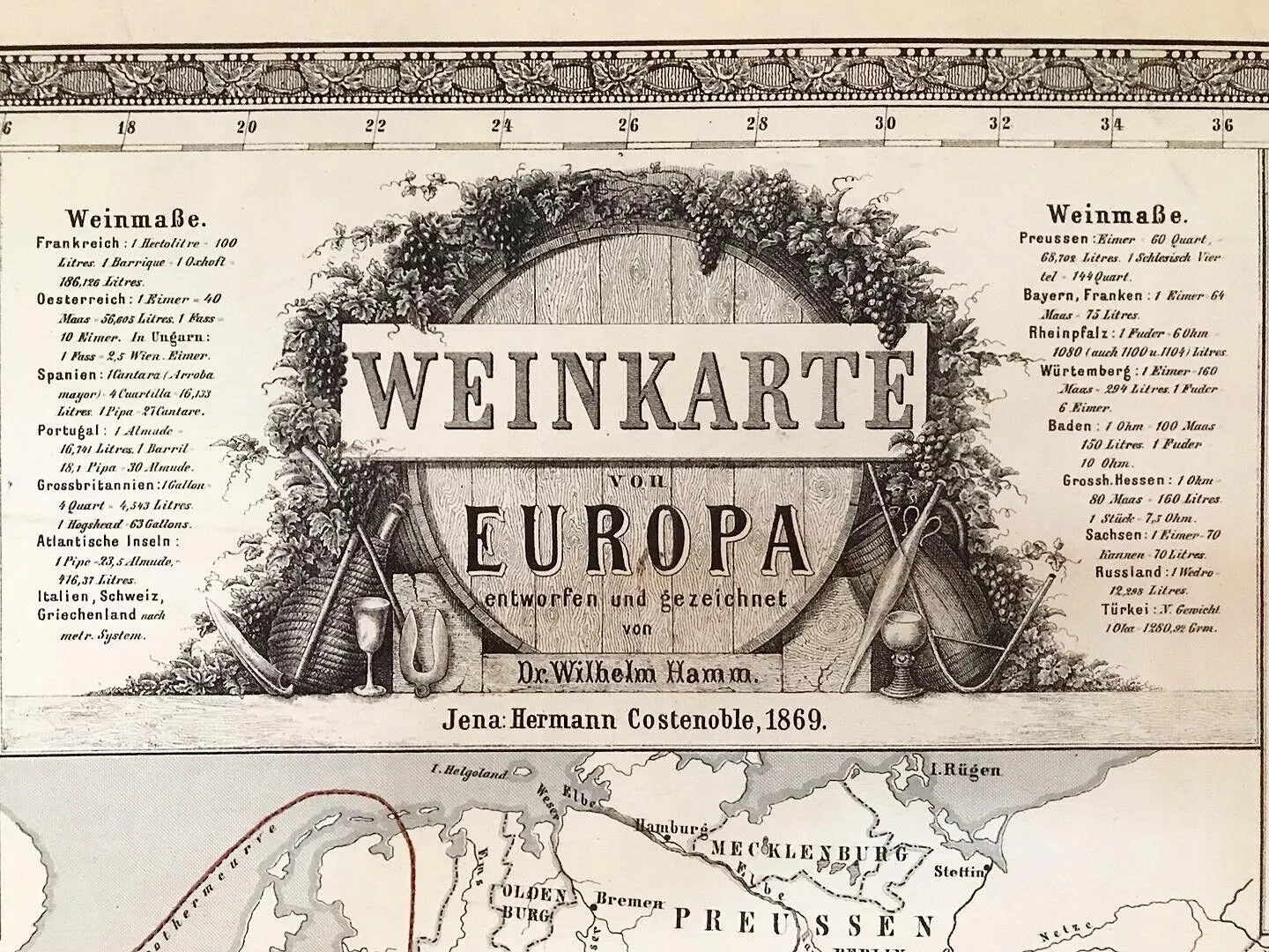 Wandkarte "Weinkarte von Europa" von 1869